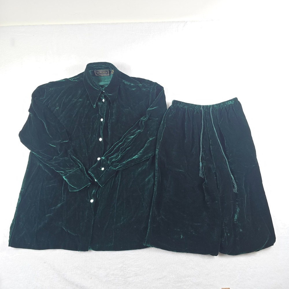 Vintage Express Silk Velvet Pajama Set Hunter Green Button Down Wide Leg XS S